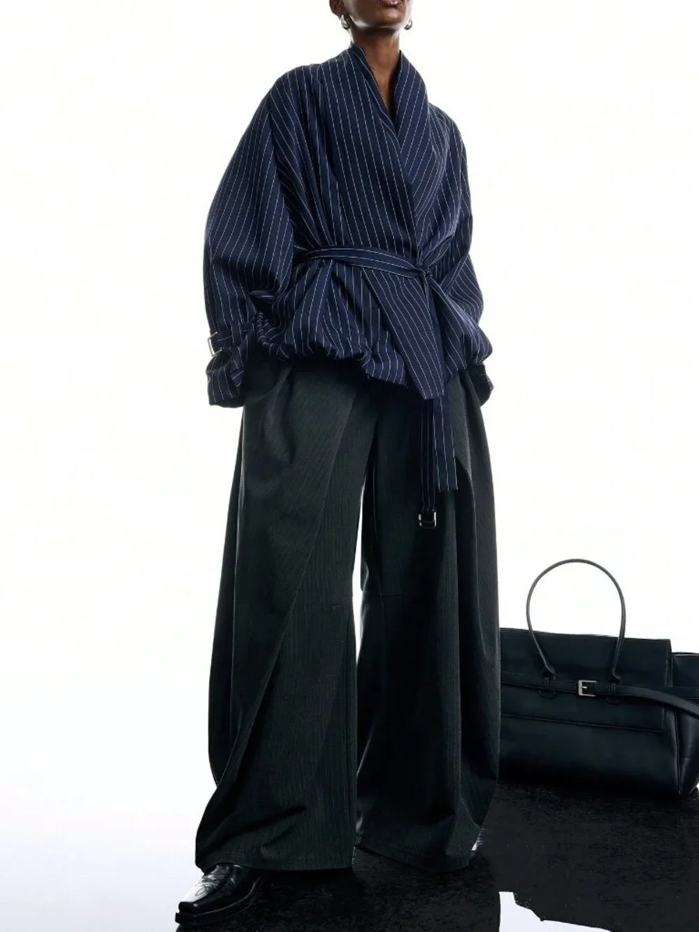 Navy Blue Casual Women's Striped Shoulder Long Sleeve Waist Tie Trench Coat